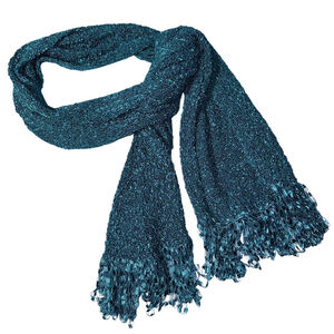vintage deep aqua colored loose-knit neck scarf with fringe